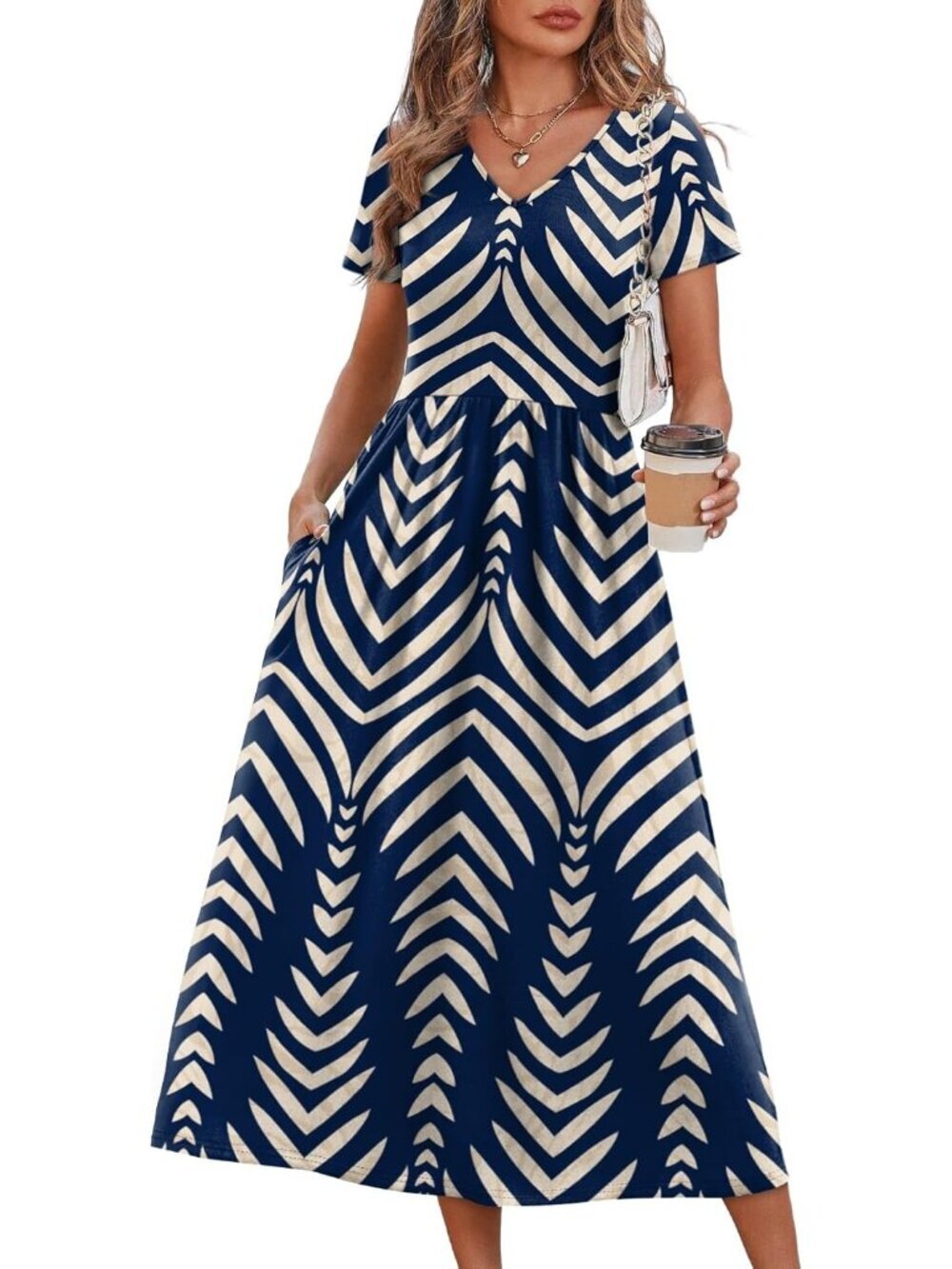 Women's Navy Print Flowy Casual A Line Midi Beach Sundresses With Pocket